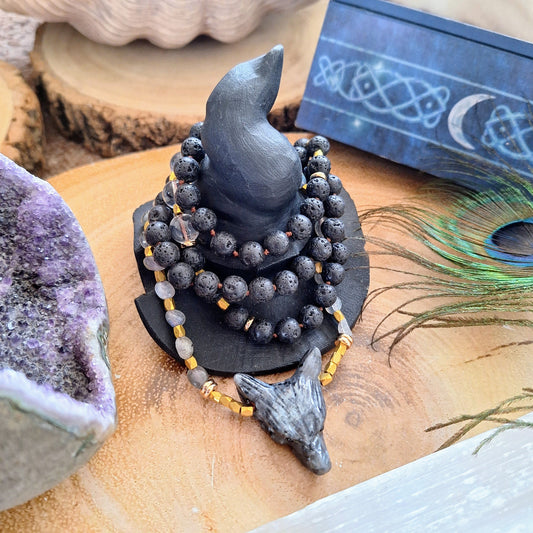 larvikite wolf necklace with clear quartz crystal healing witchy jewellery for him or her jewelry gift for men or women