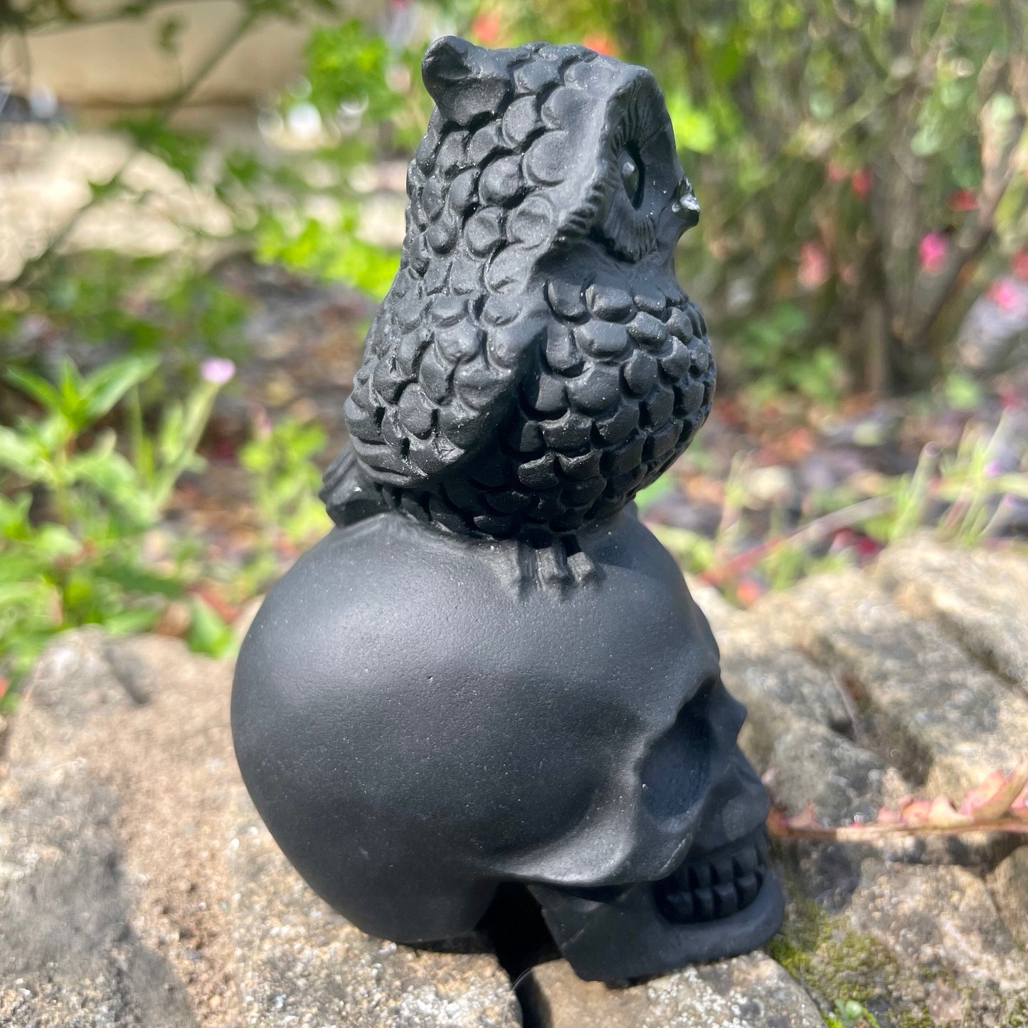 Black Obsidian Skull with Owl Ornament Halloween Home Decor Gothic Gift Natural Stone Witchy Crystal