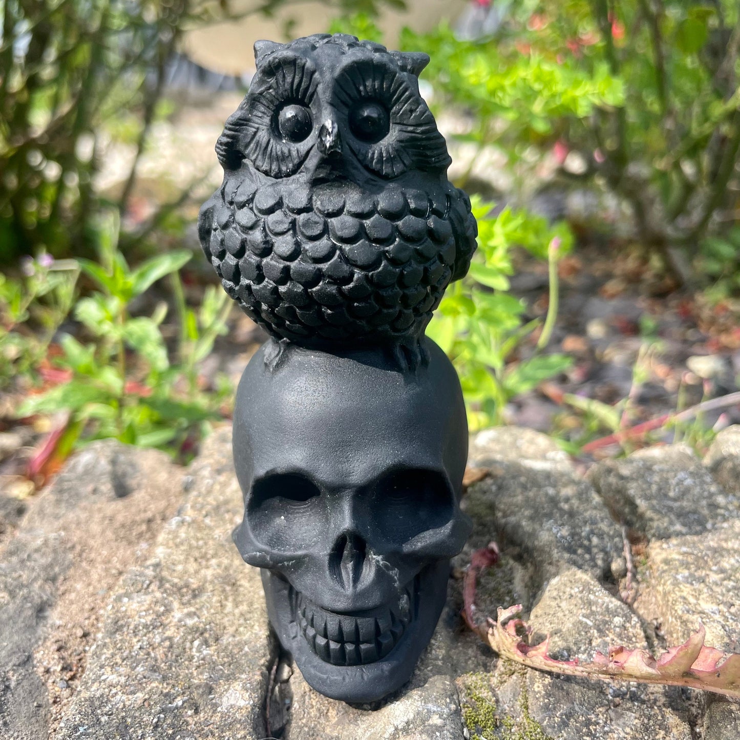 Black Obsidian Skull with Owl Ornament Halloween Home Decor Gothic Gift Natural Stone Witchy Crystal