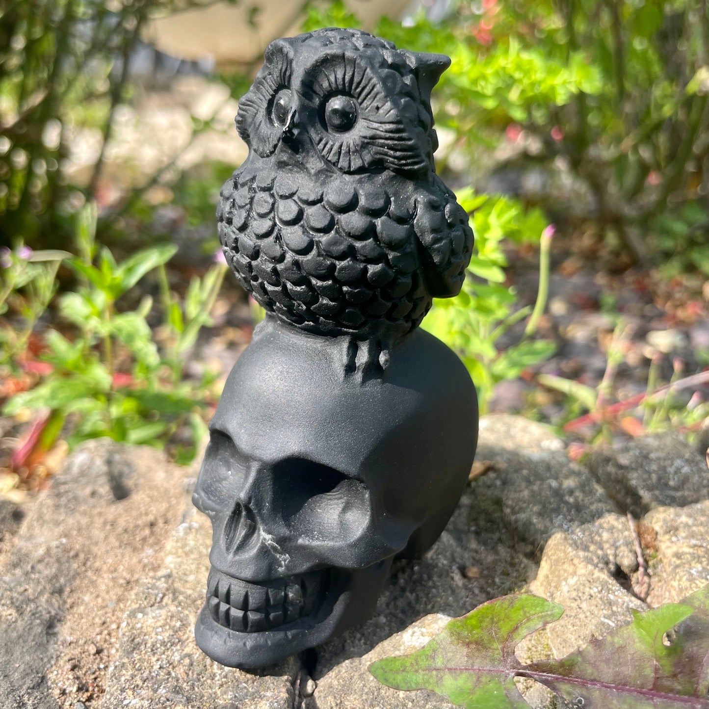 Black Obsidian Skull with Owl Ornament Halloween Home Decor Gothic Gift Natural Stone Witchy Crystal