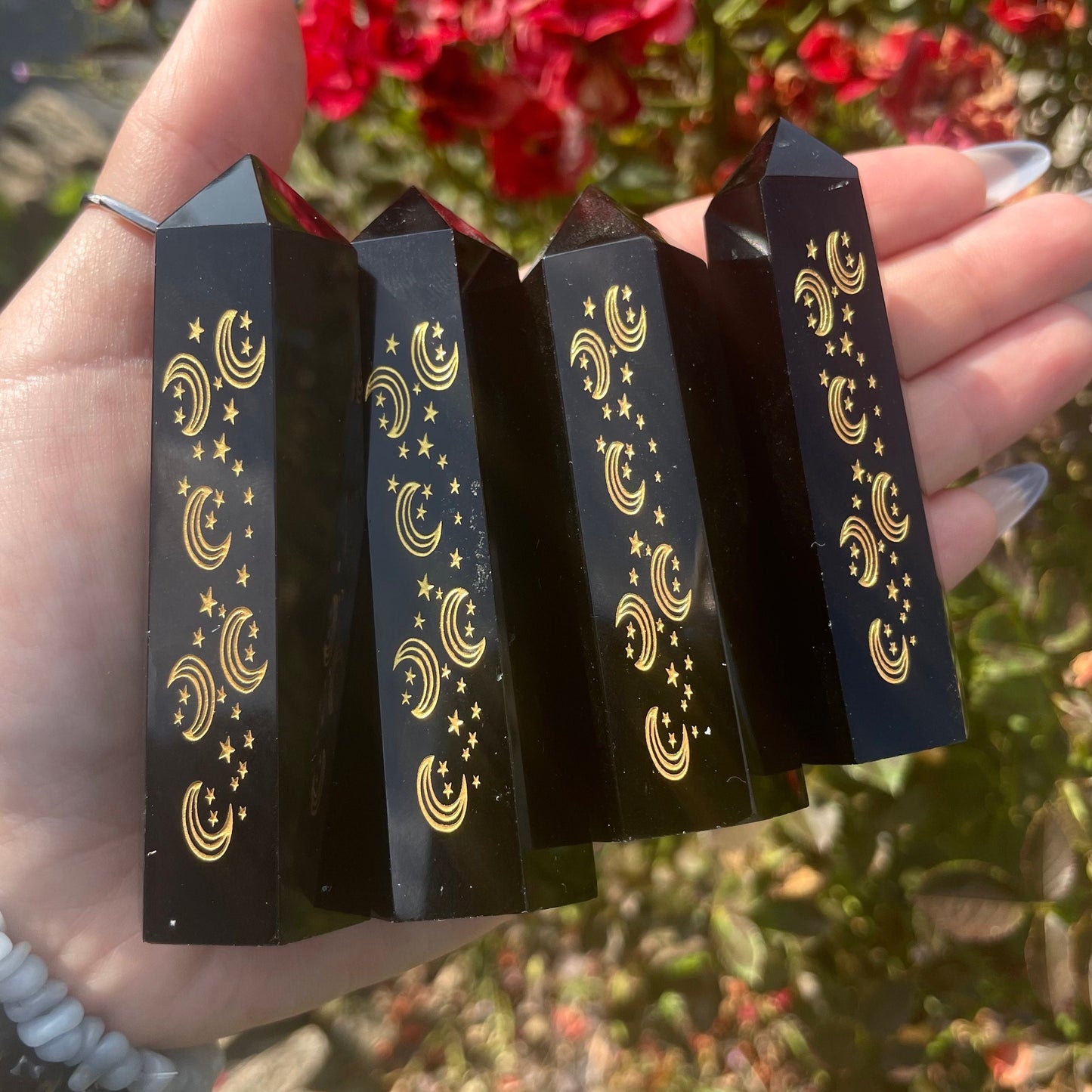 Black Obsidian Tower Celestial Moon Engraved Obelisk Spiritual Home Decor