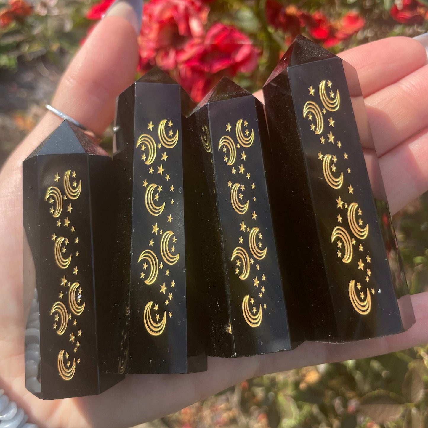 Black Obsidian Tower Celestial Moon Engraved Obelisk Spiritual Home Decor