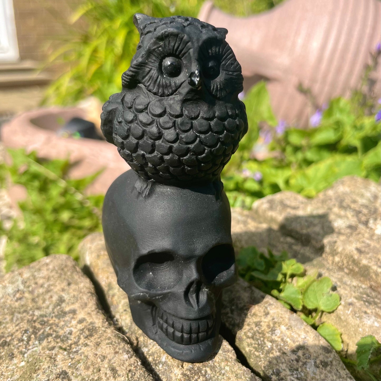 Black Obsidian Skull with Owl Ornament Halloween Home Decor Gothic Gift Natural Stone Witchy Crystal