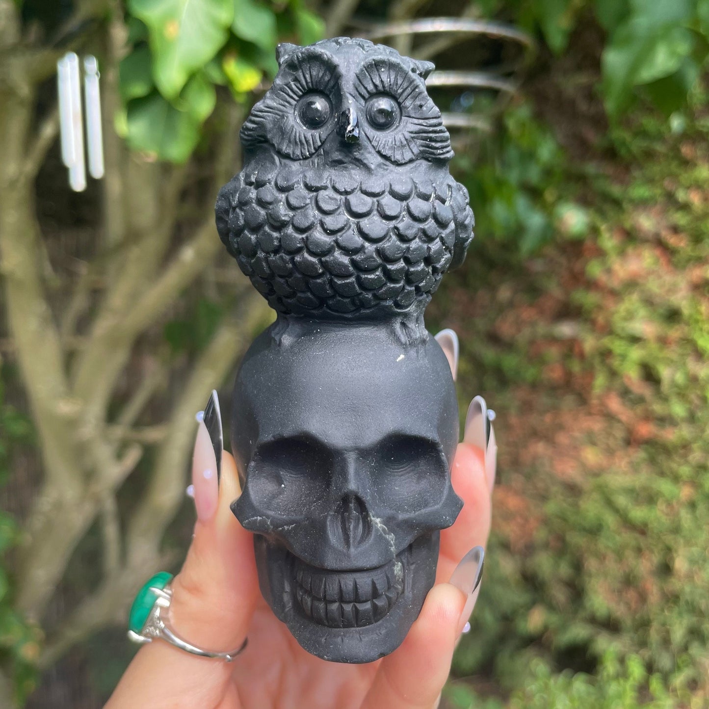 Black Obsidian Skull with Owl Ornament Halloween Home Decor Gothic Gift Natural Stone Witchy Crystal
