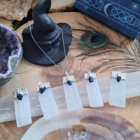 selenite with black tourmaline pendant necklace crystal healing gift for him or her jewelry for men or women gemstone jewellery