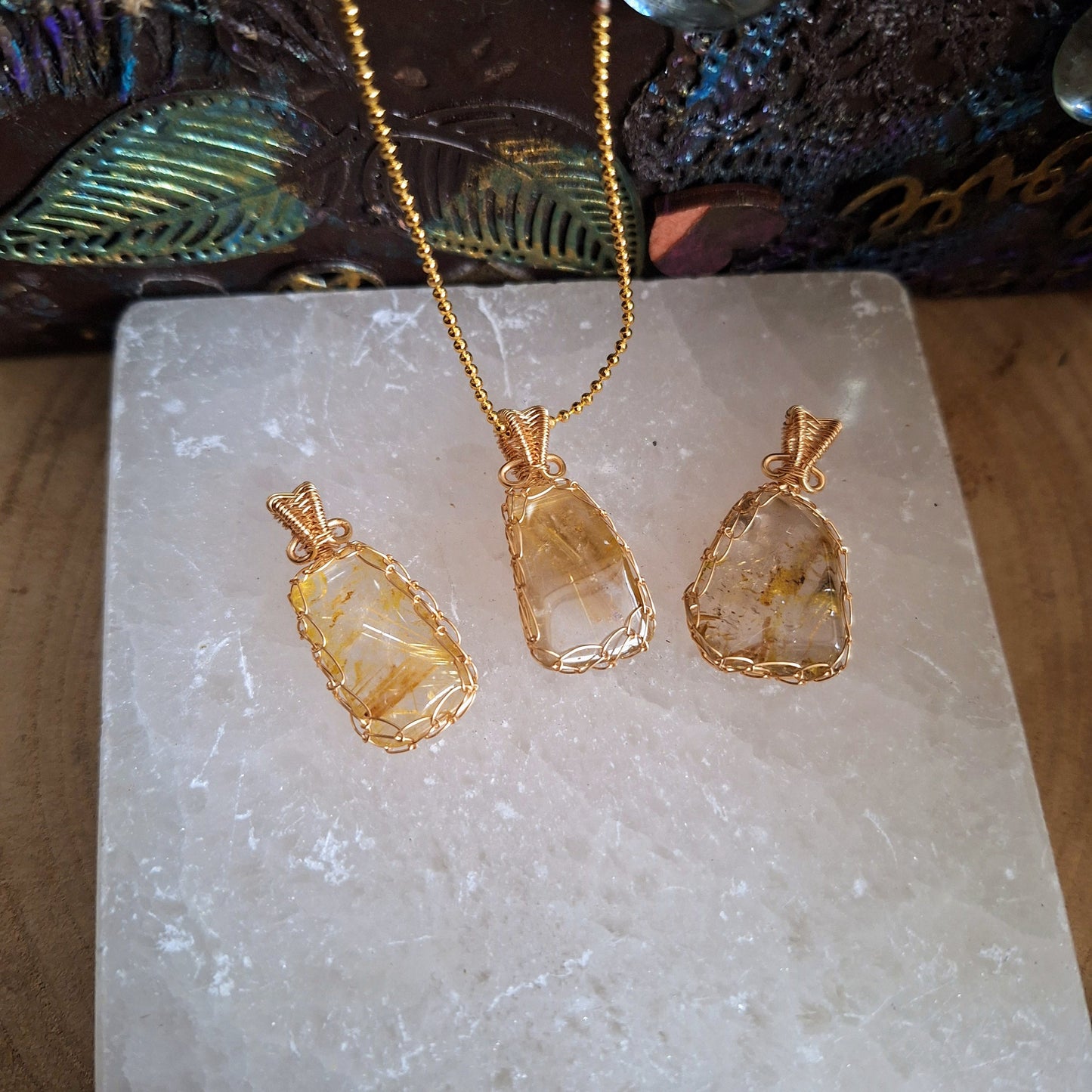 Golden Rutilated quartz pendant necklace wire wrapped handmade gift for her jewellery for men witchy jewelry for women