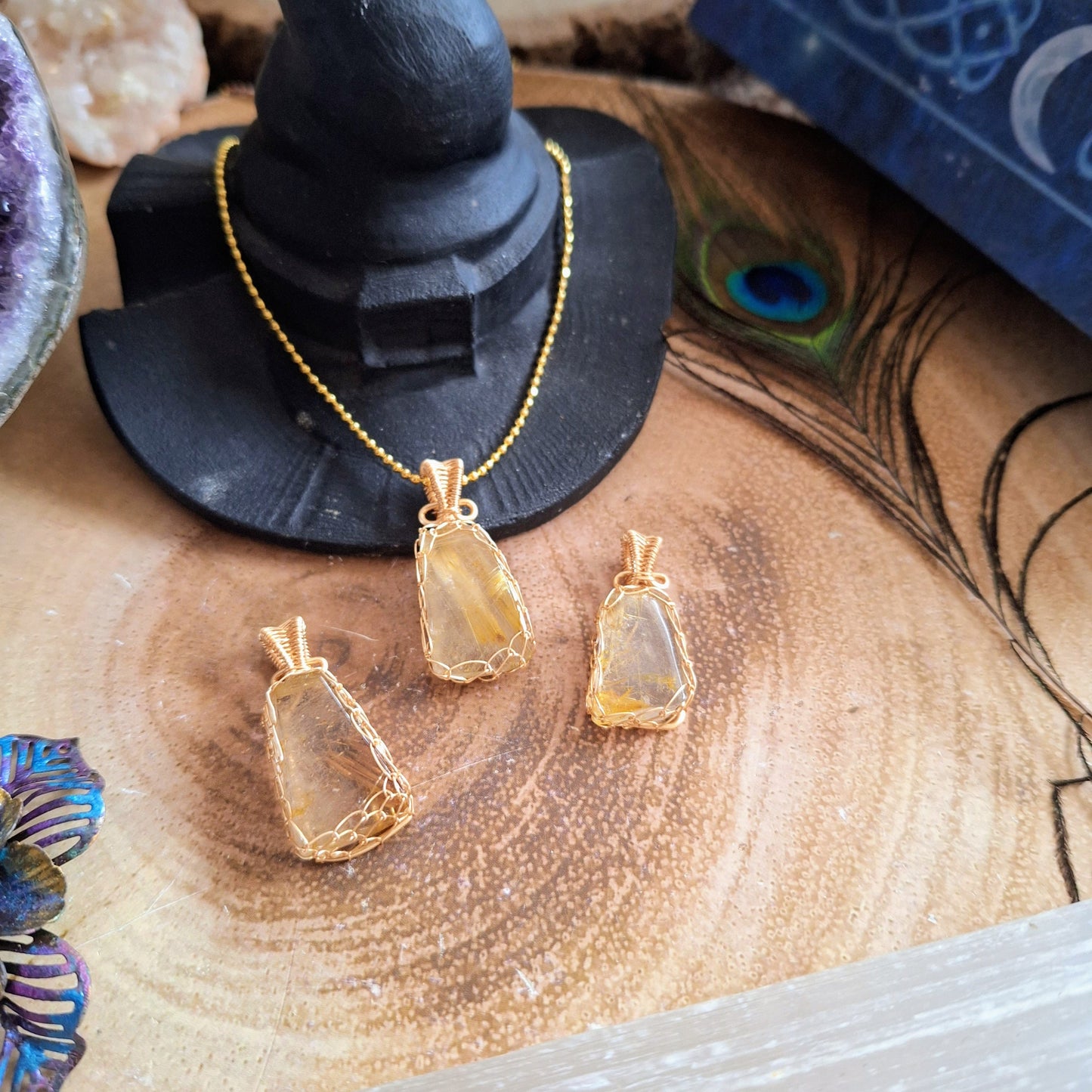 Golden Rutilated quartz pendant necklace wire wrapped handmade gift for her jewellery for men witchy jewelry for women