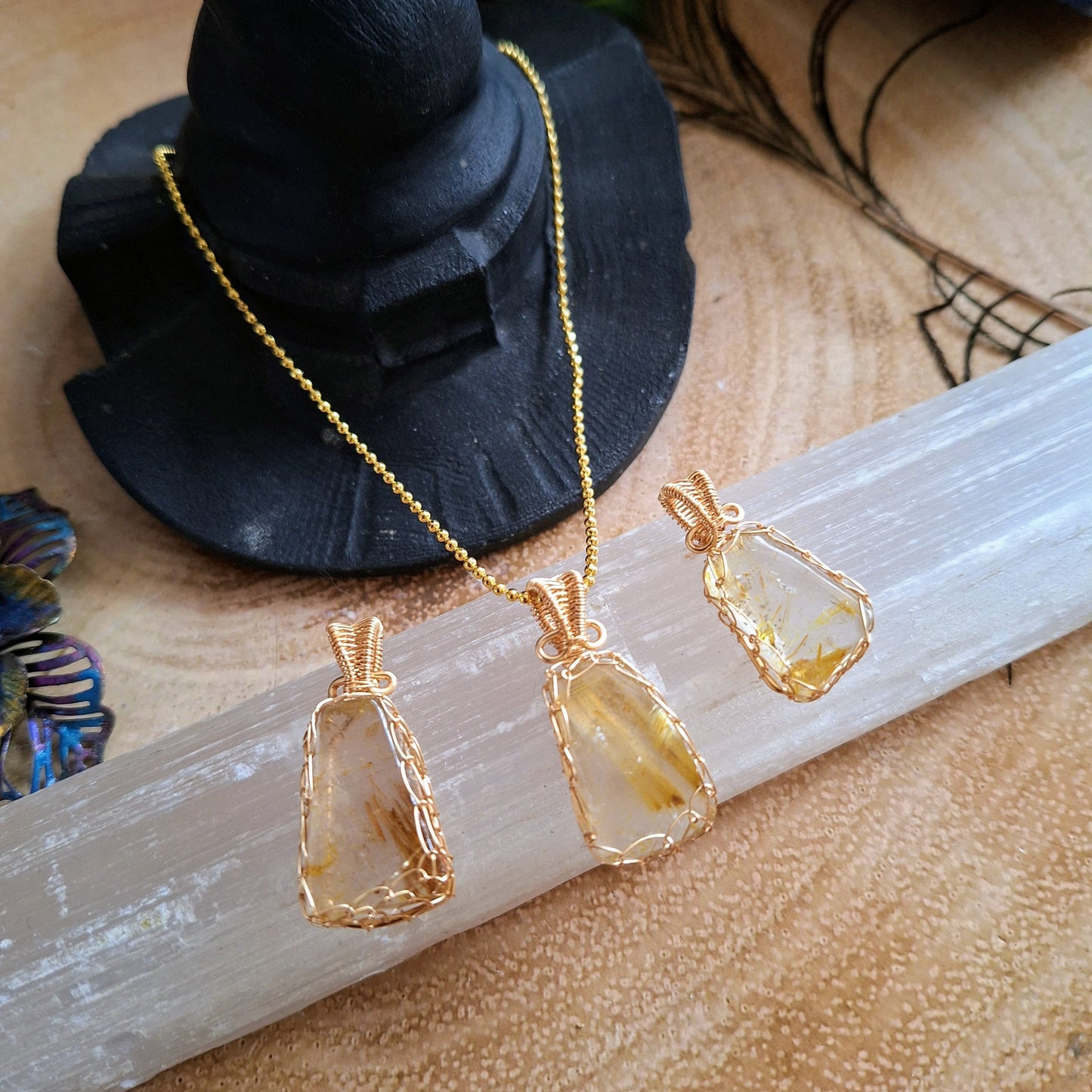 Golden Rutilated quartz pendant necklace wire wrapped handmade gift for her jewellery for men witchy jewelry for women