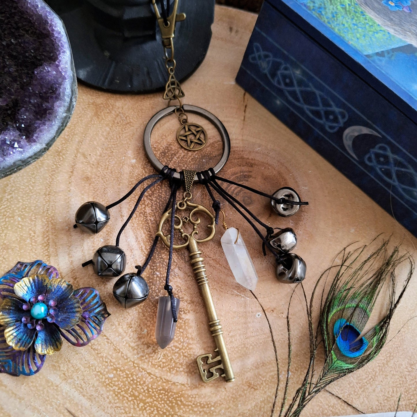 Witches Bells with Key and Angel Aura quartz or rainbow aura Point for protection Good Luck, Banish Negativity, Pagan, Wiccan