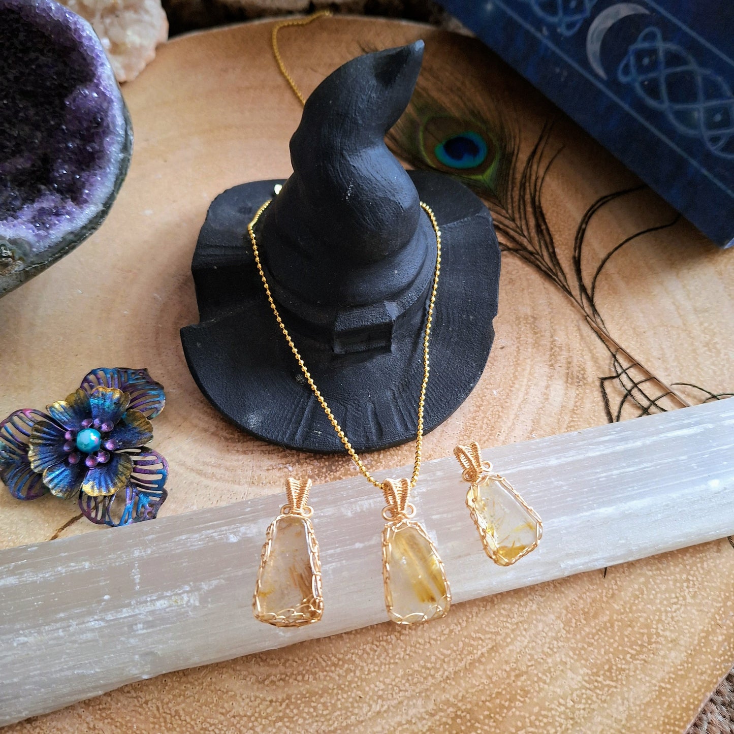 Golden Rutilated quartz pendant necklace wire wrapped handmade gift for her jewellery for men witchy jewelry for women