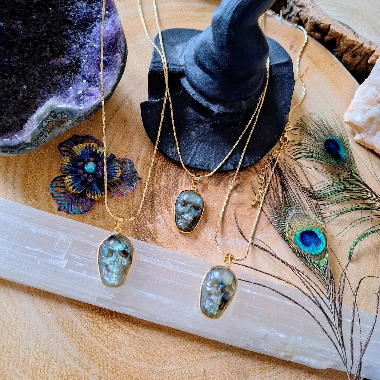 labradorite skull necklace crystal healing witchy gift for him or her jewellery for men or women