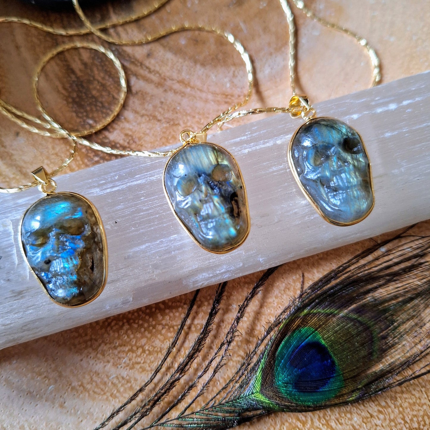 labradorite skull necklace crystal healing witchy gift for him or her jewellery for men or women
