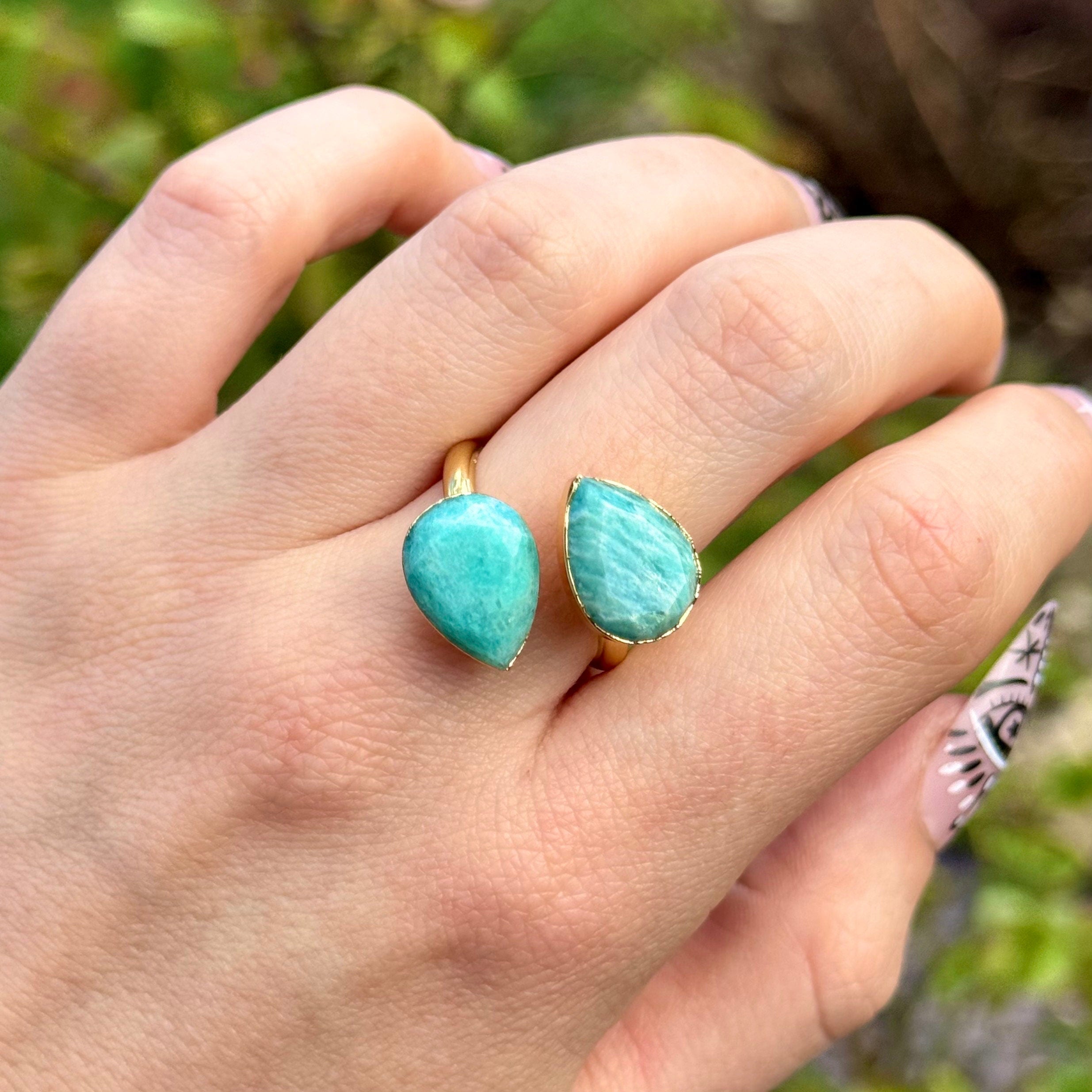 Amazonite Double Teardrop Adjustable Gold Ring Natural Stone Crystal J White Witch of The Moon