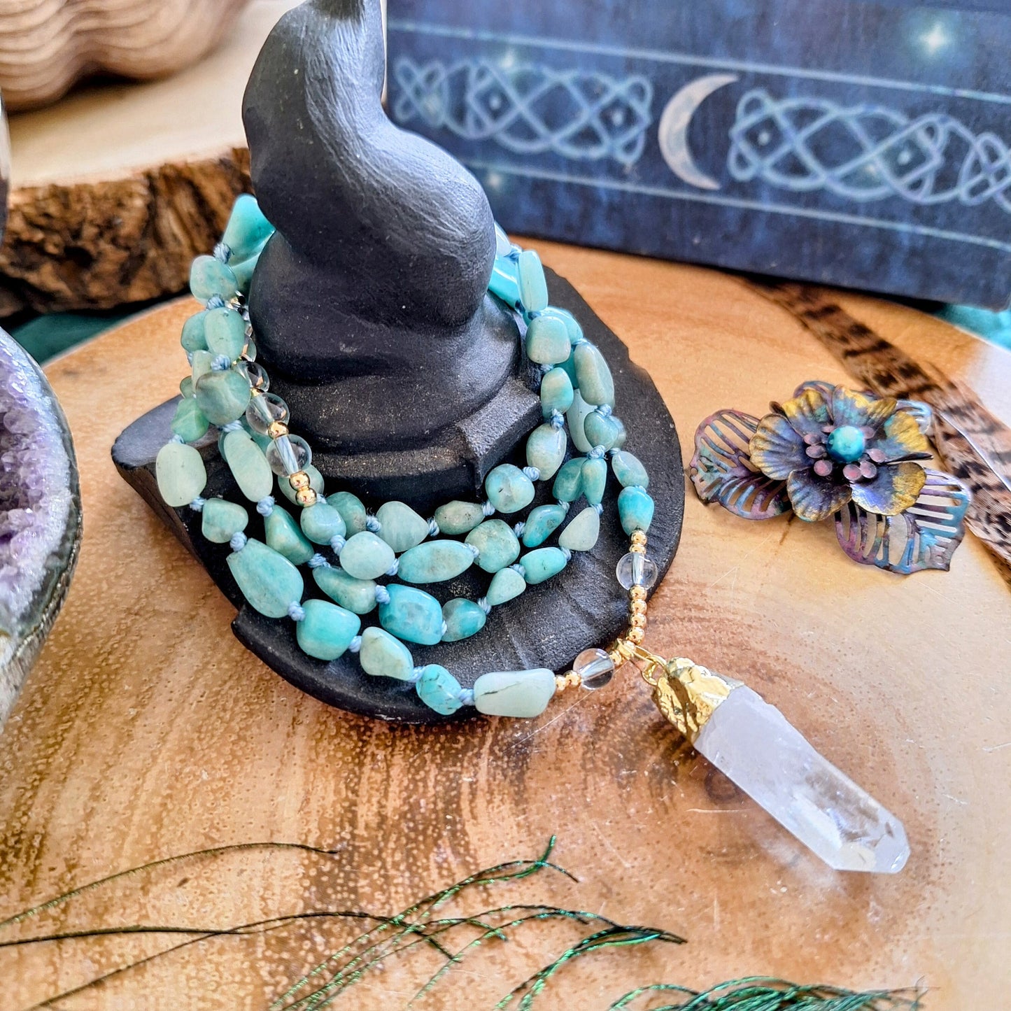 Amazonite knotted necklace with clear quartz point pendant Crystal healing gift for him or her witchy jewellery for women