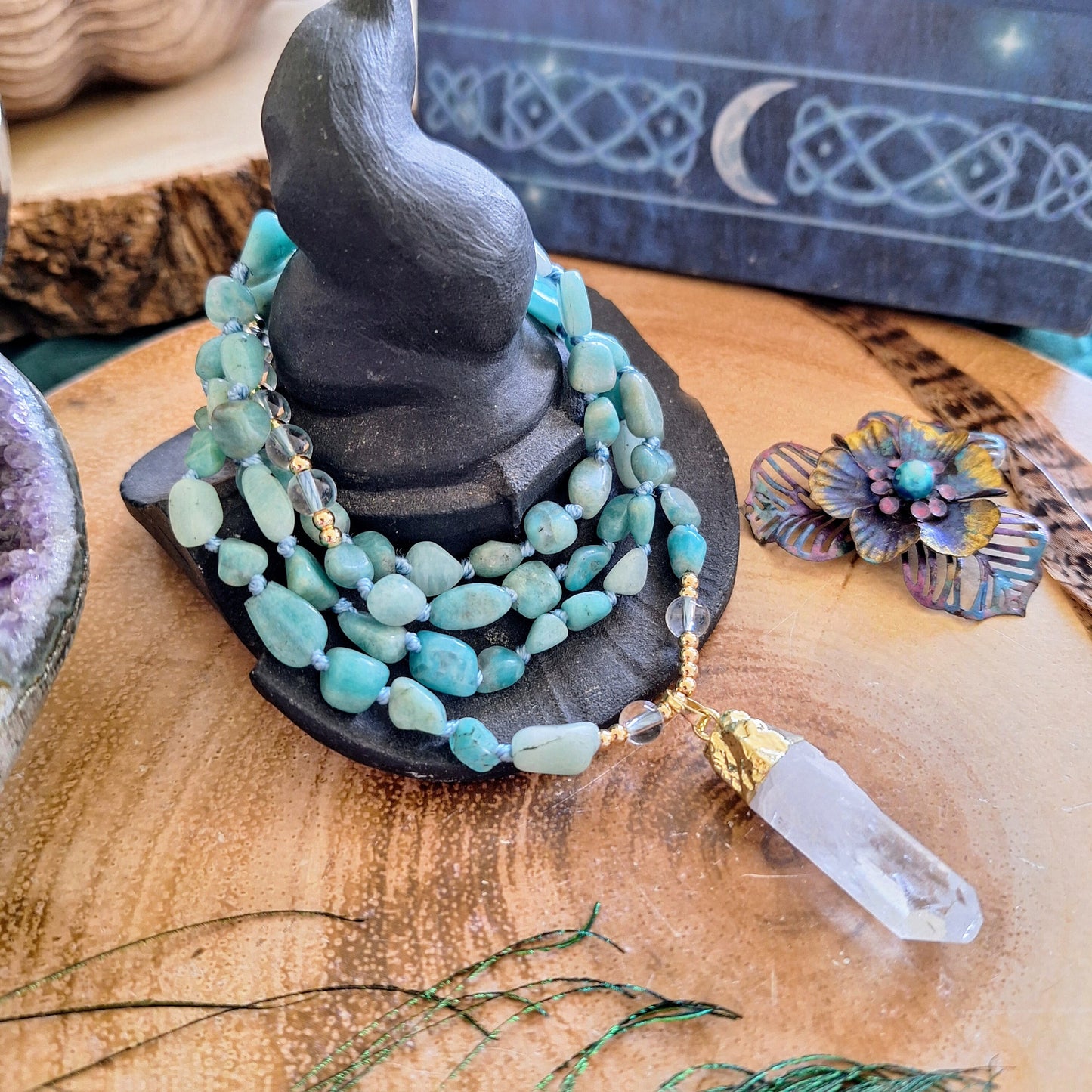Amazonite knotted necklace with clear quartz point pendant Crystal healing gift for him or her witchy jewellery for women