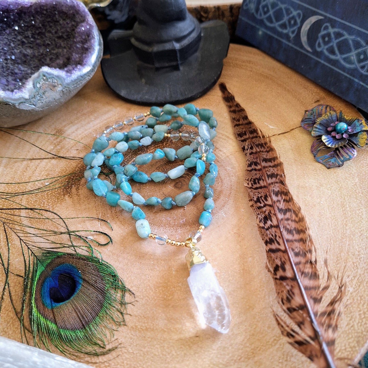 Amazonite knotted necklace with clear quartz point pendant Crystal healing gift for him or her witchy jewellery for women
