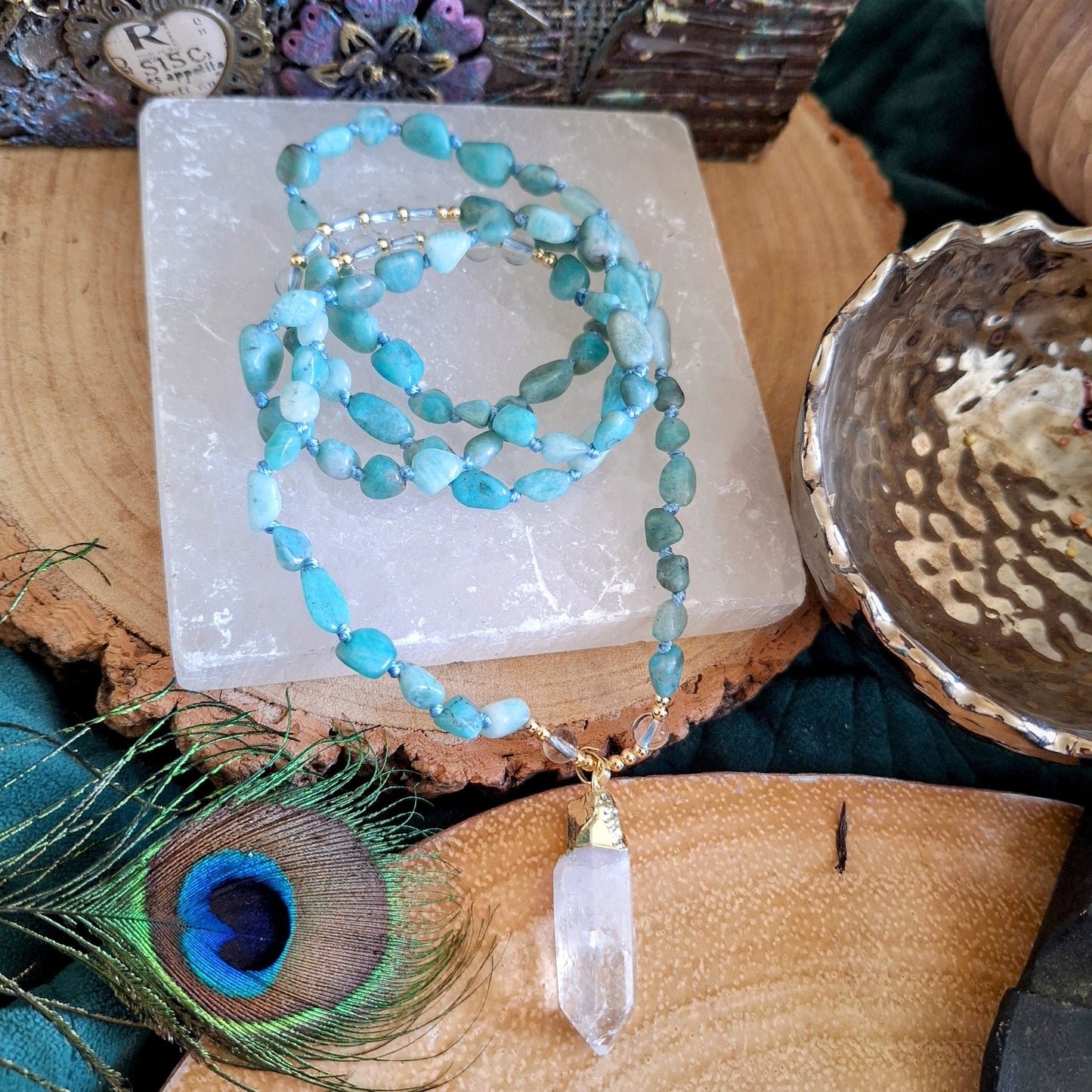 Amazonite knotted necklace with clear quartz point pendant Crystal healing gift for him or her witchy jewellery for women