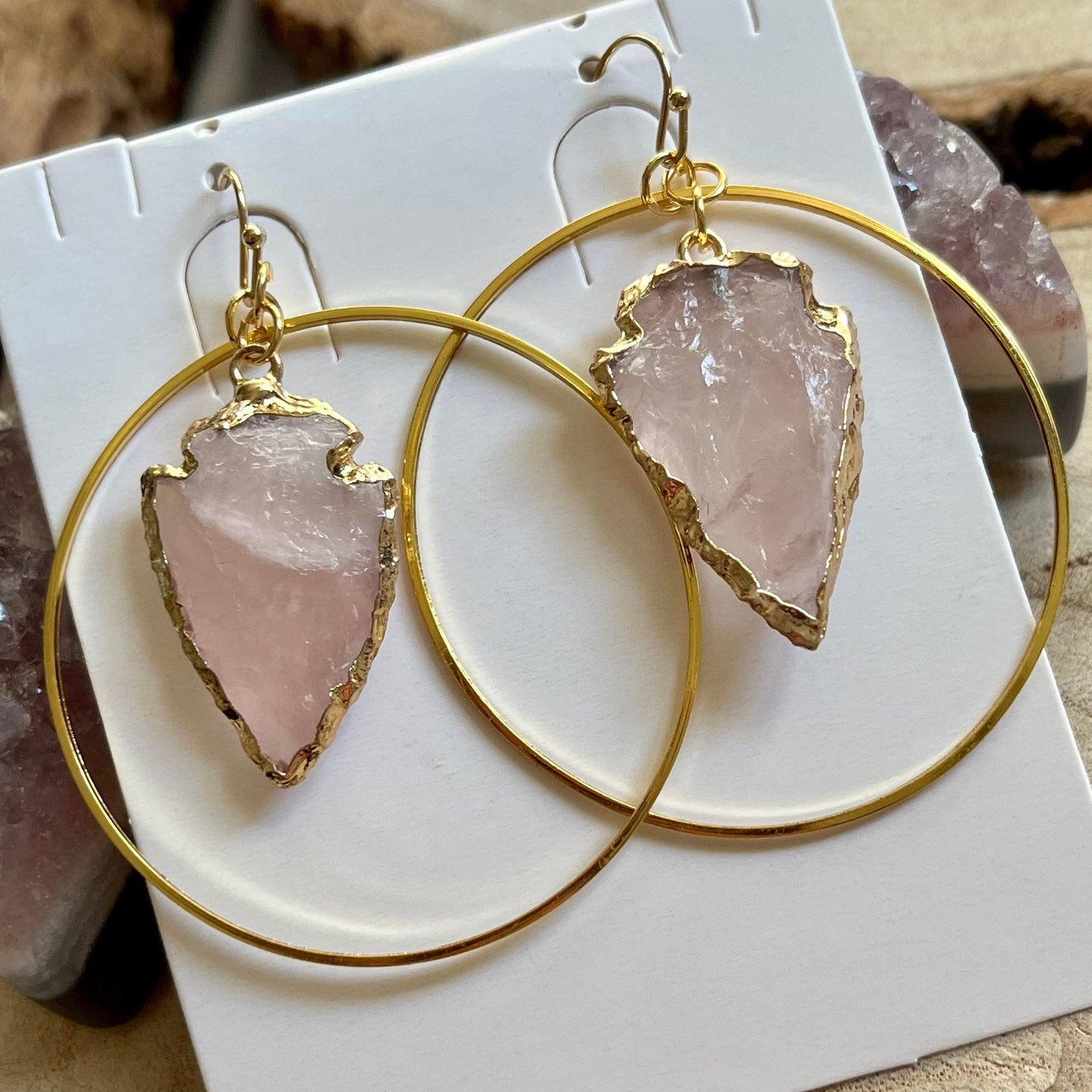 Rose Quartz Raw Arrow Head large hoop 2 inch earrings self love crystal healing natural stone