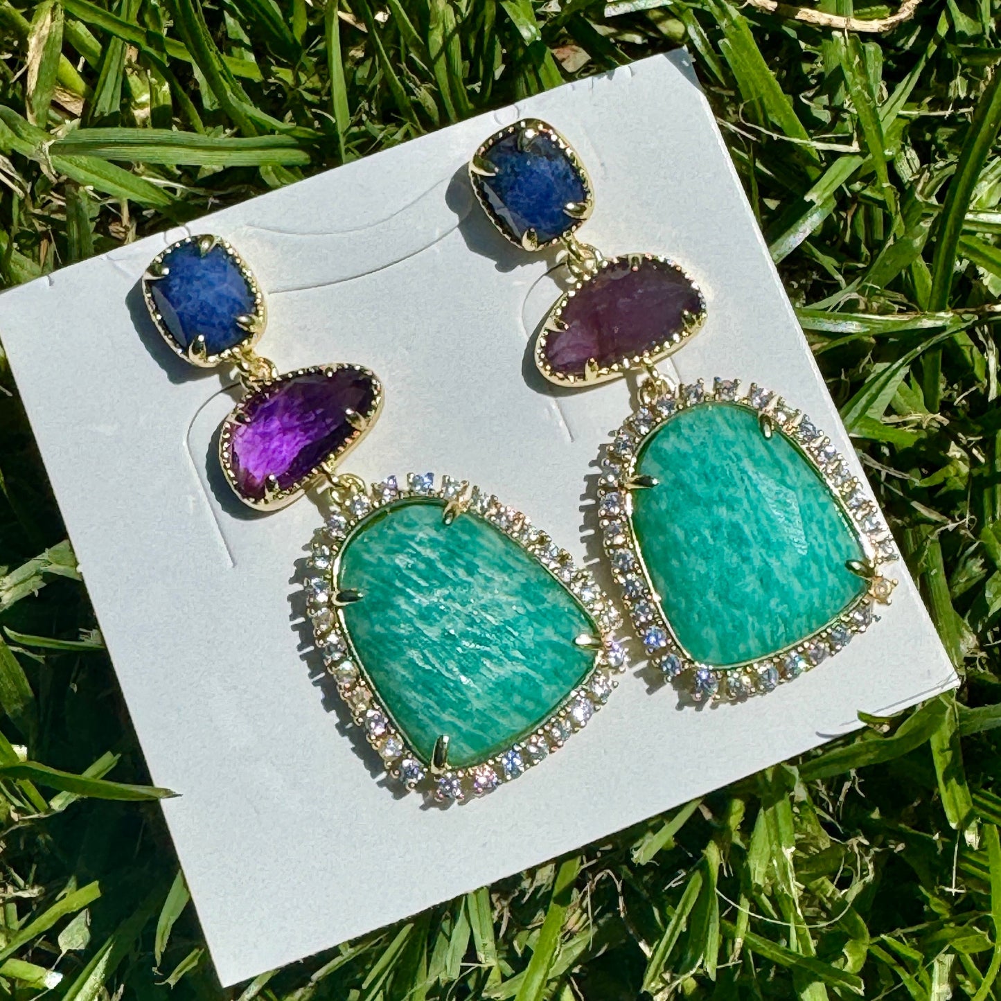 Amazonite earrings lapis lazuli crystal healing jewellery diamanté drop earrings amethyst boho 3 tier gold sparkly jewelry