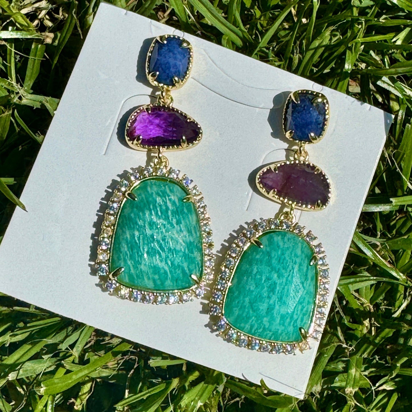 Amazonite earrings lapis lazuli crystal healing jewellery diamanté drop earrings amethyst boho 3 tier gold sparkly jewelry
