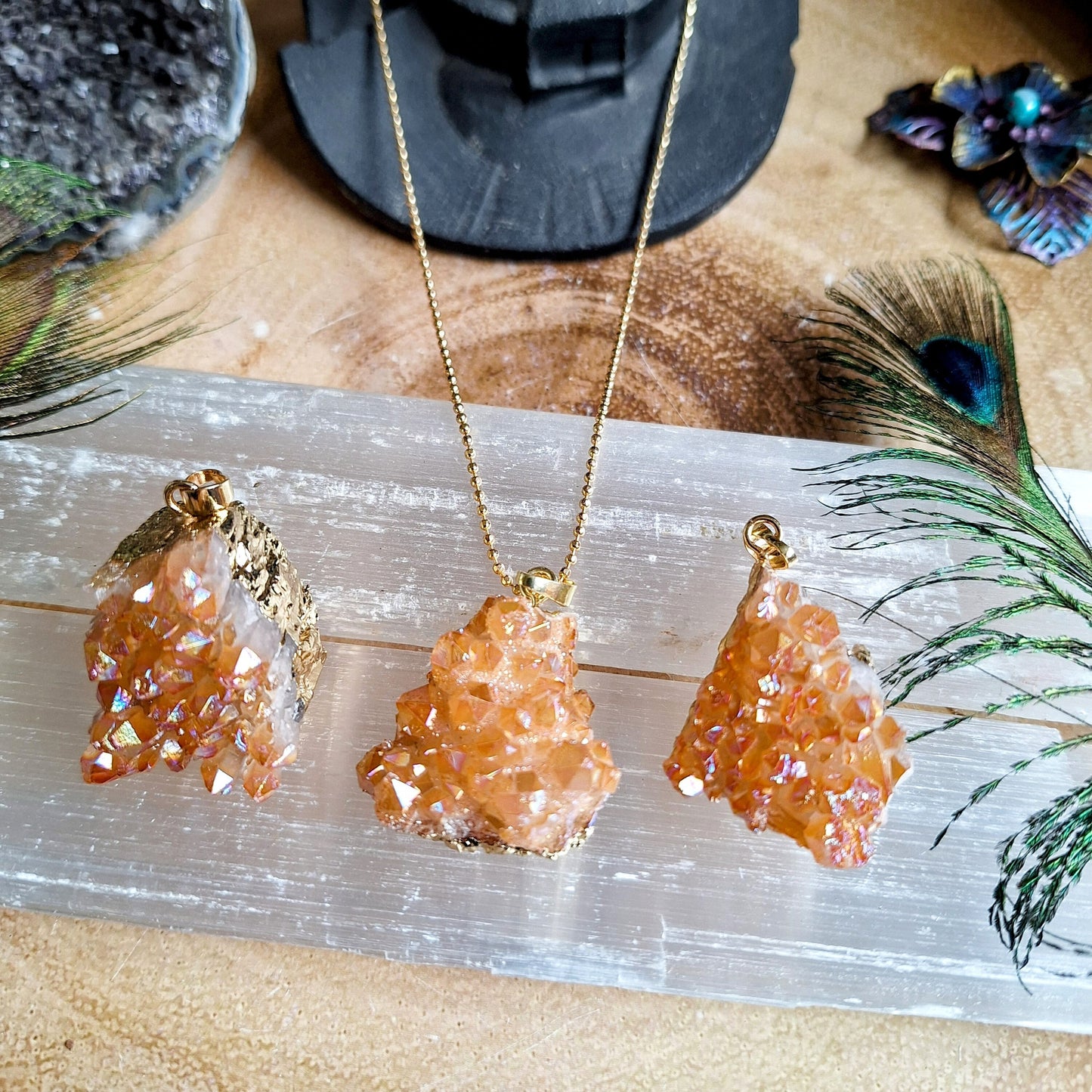 Tangerine Aura Quartz cluster pendant necklace crystal healing druzy witchy jewellery gift for her jewelry for woman