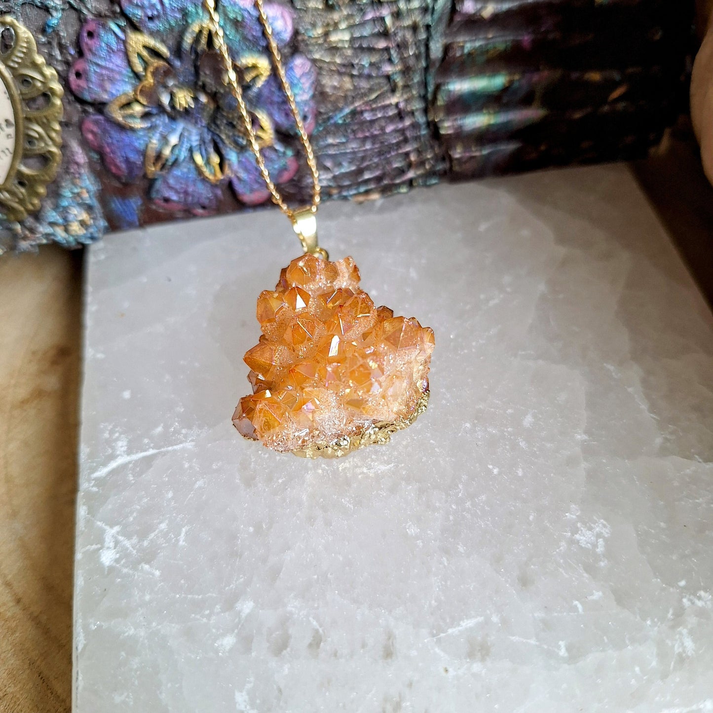 Tangerine Aura Quartz cluster pendant necklace crystal healing druzy witchy jewellery gift for her jewelry for woman