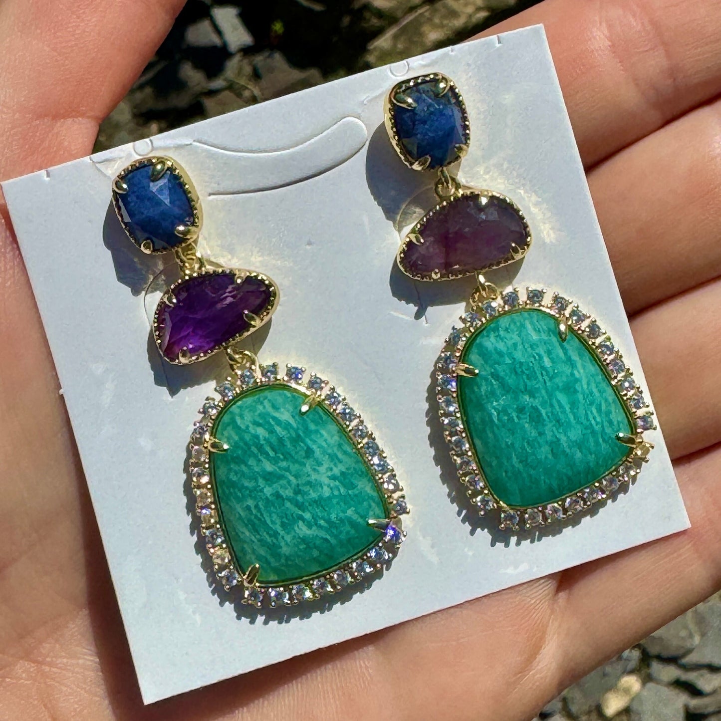 Amazonite earrings lapis lazuli crystal healing jewellery diamanté drop earrings amethyst boho 3 tier gold sparkly jewelry