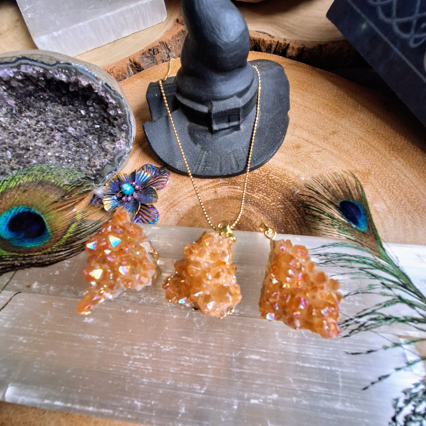 Tangerine Aura Quartz cluster pendant necklace crystal healing druzy witchy jewellery gift for her jewelry for woman