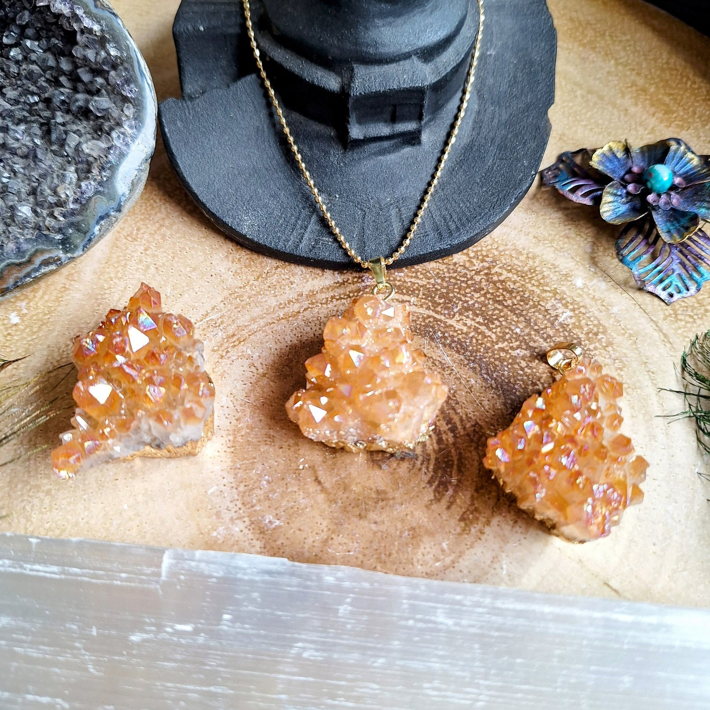 Tangerine Aura Quartz cluster pendant necklace crystal healing druzy witchy jewellery gift for her jewelry for woman