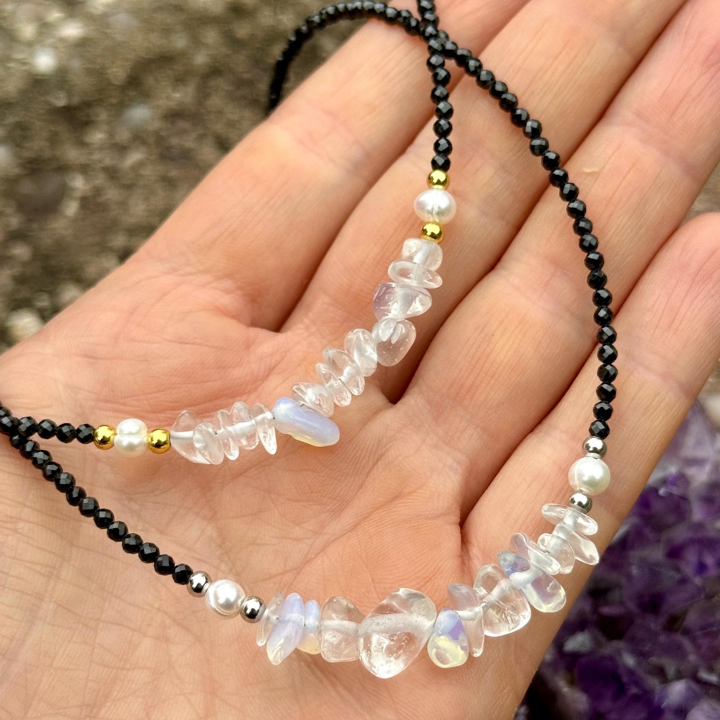 Black tourmaline and opalite choker pearl necklace