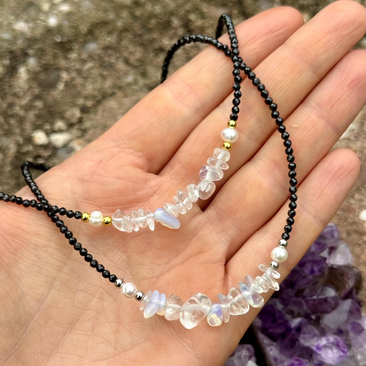 Black tourmaline and opalite choker pearl necklace