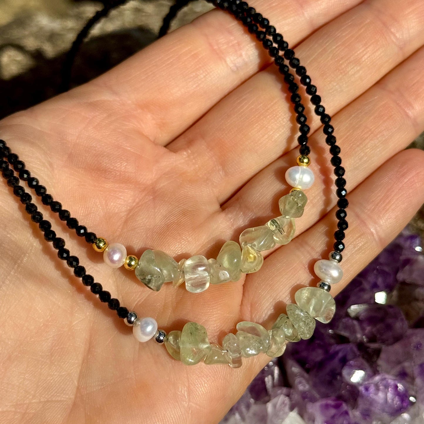 Prehnite and black tourmaline choker pearl necklace