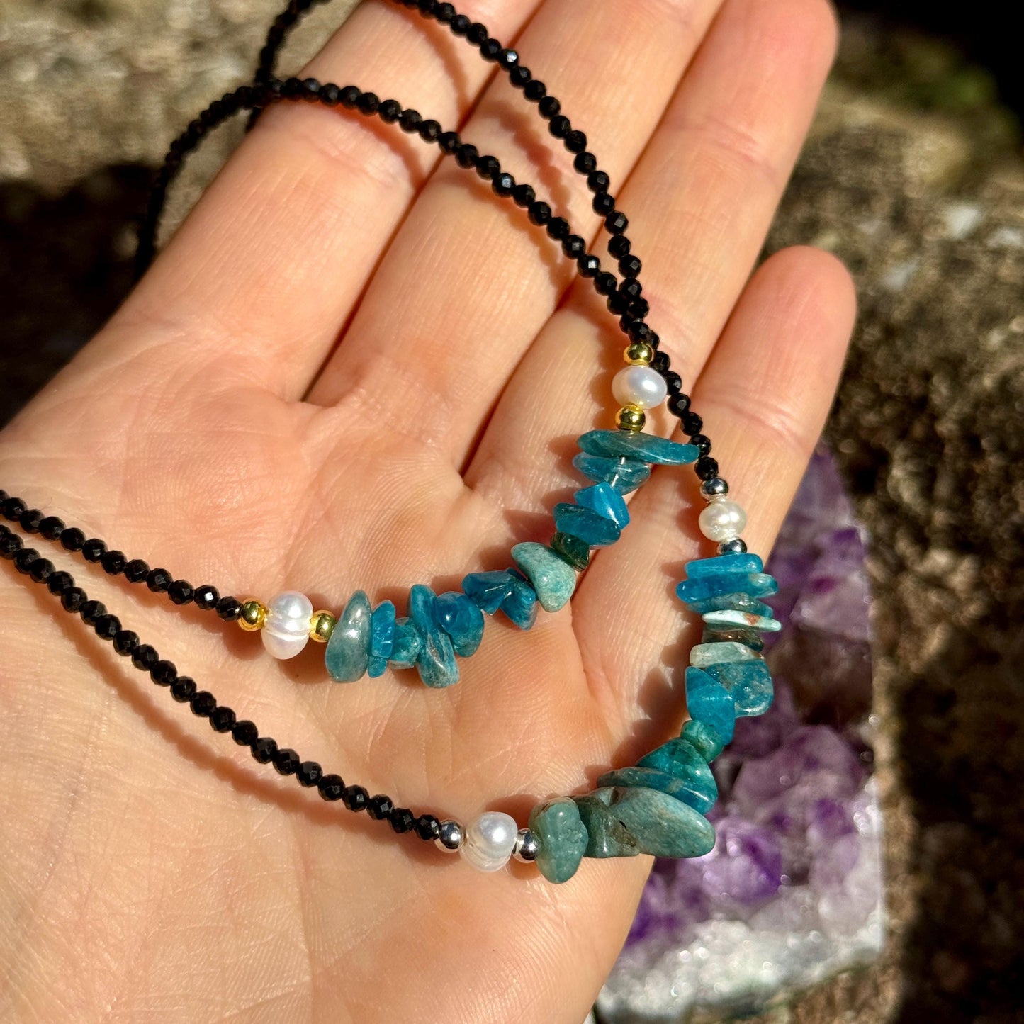 Apatite and black tourmaline choker pearl necklace minimalist crystal healing natural stone jewellery