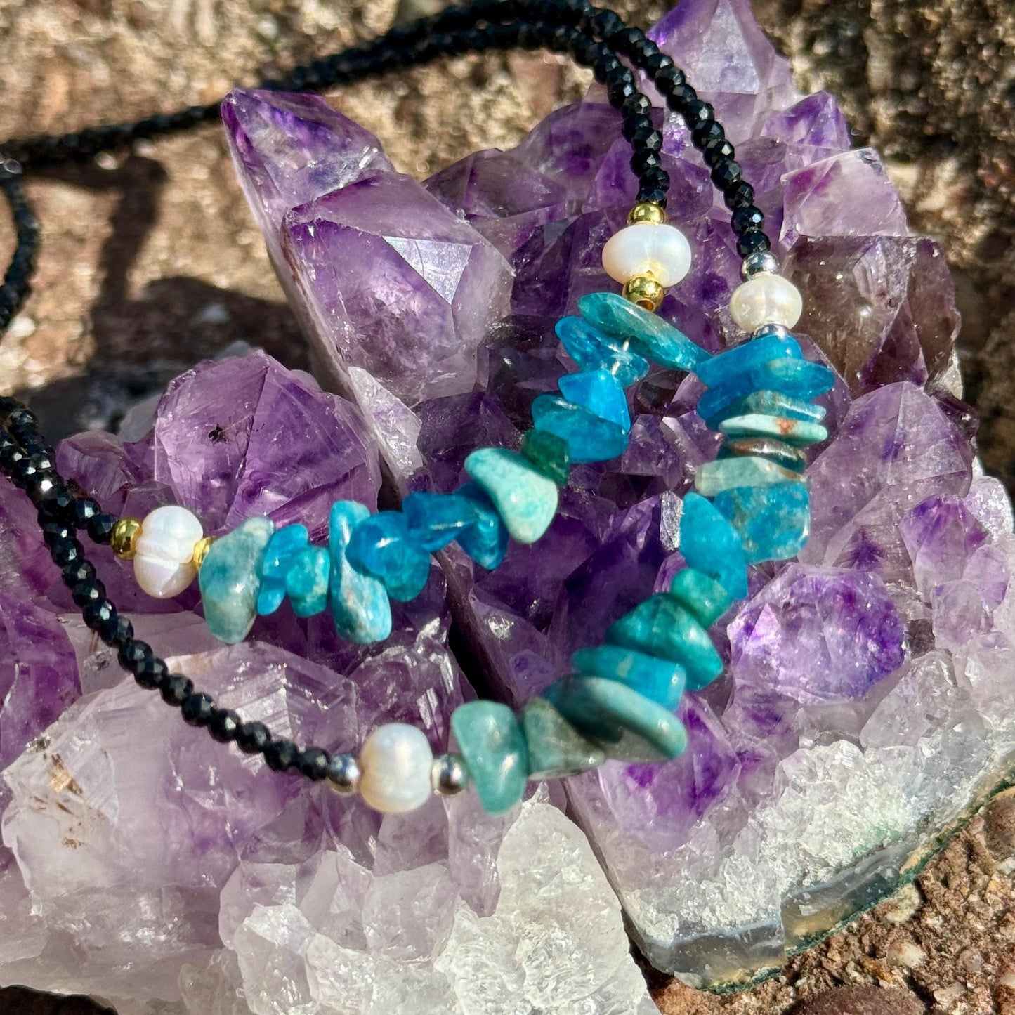 Apatite and black tourmaline choker pearl necklace minimalist crystal healing natural stone jewellery