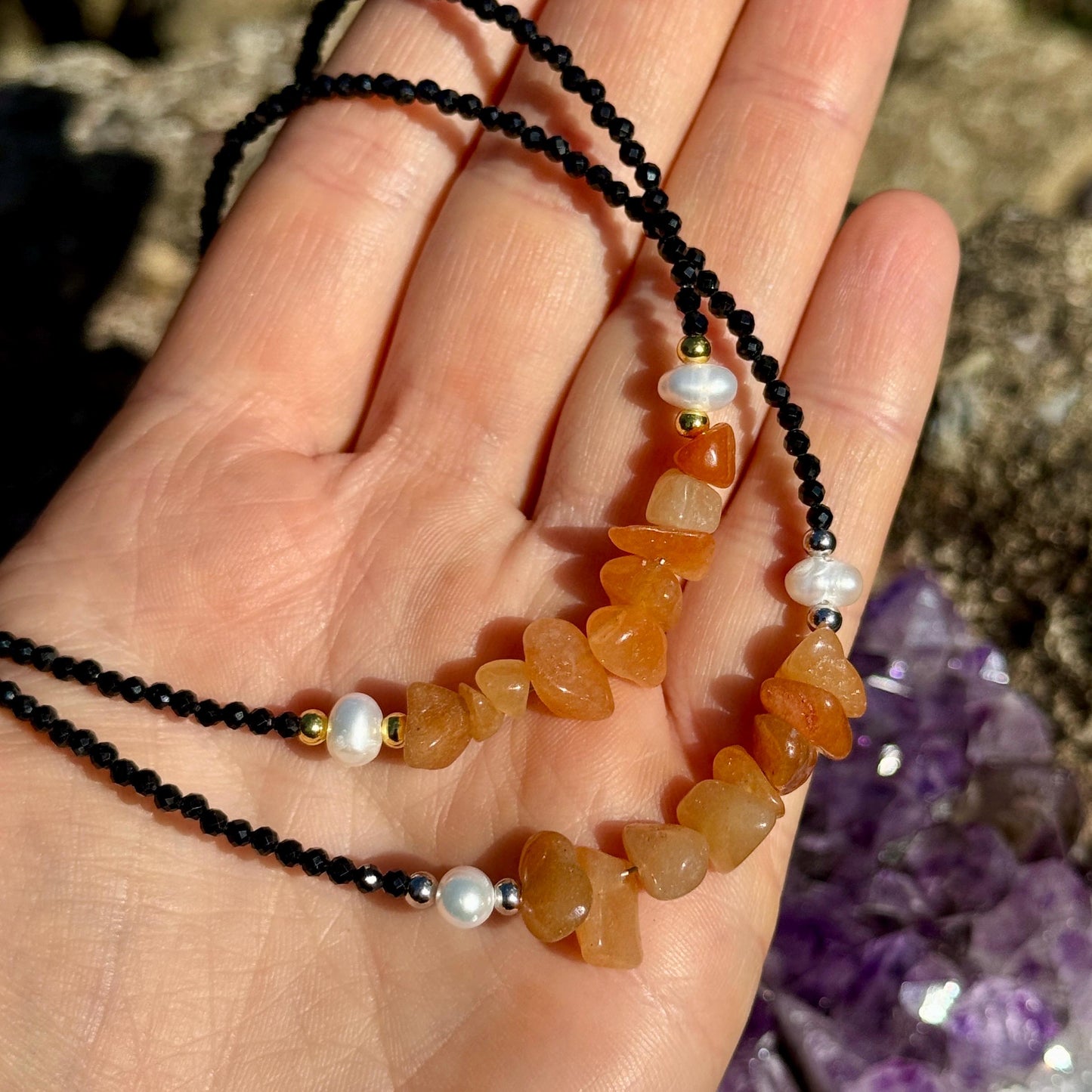 Red aventurine and black tourmaline choker pearl necklace