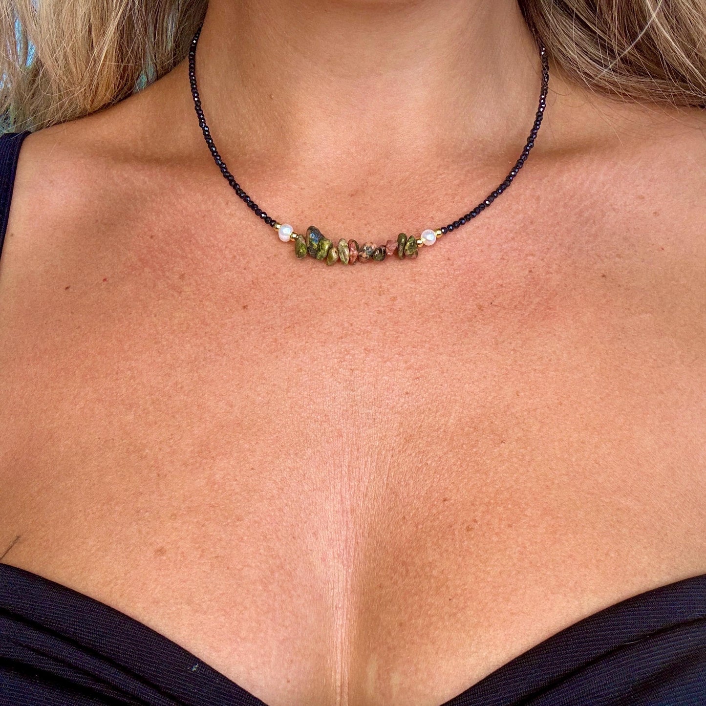 Unakite and black tourmaline choker pearl necklace