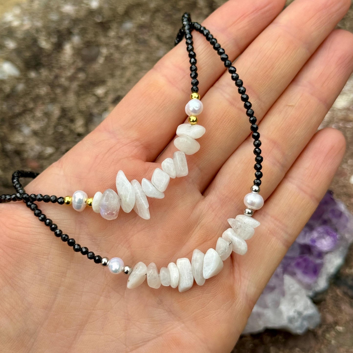 Moonstone/Black Tourmaline - Everyday Witch Choker Necklace