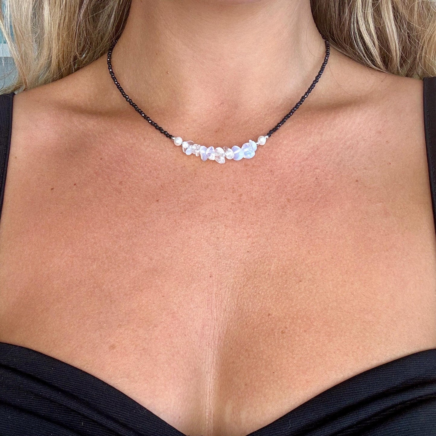 Black tourmaline and opalite choker pearl necklace