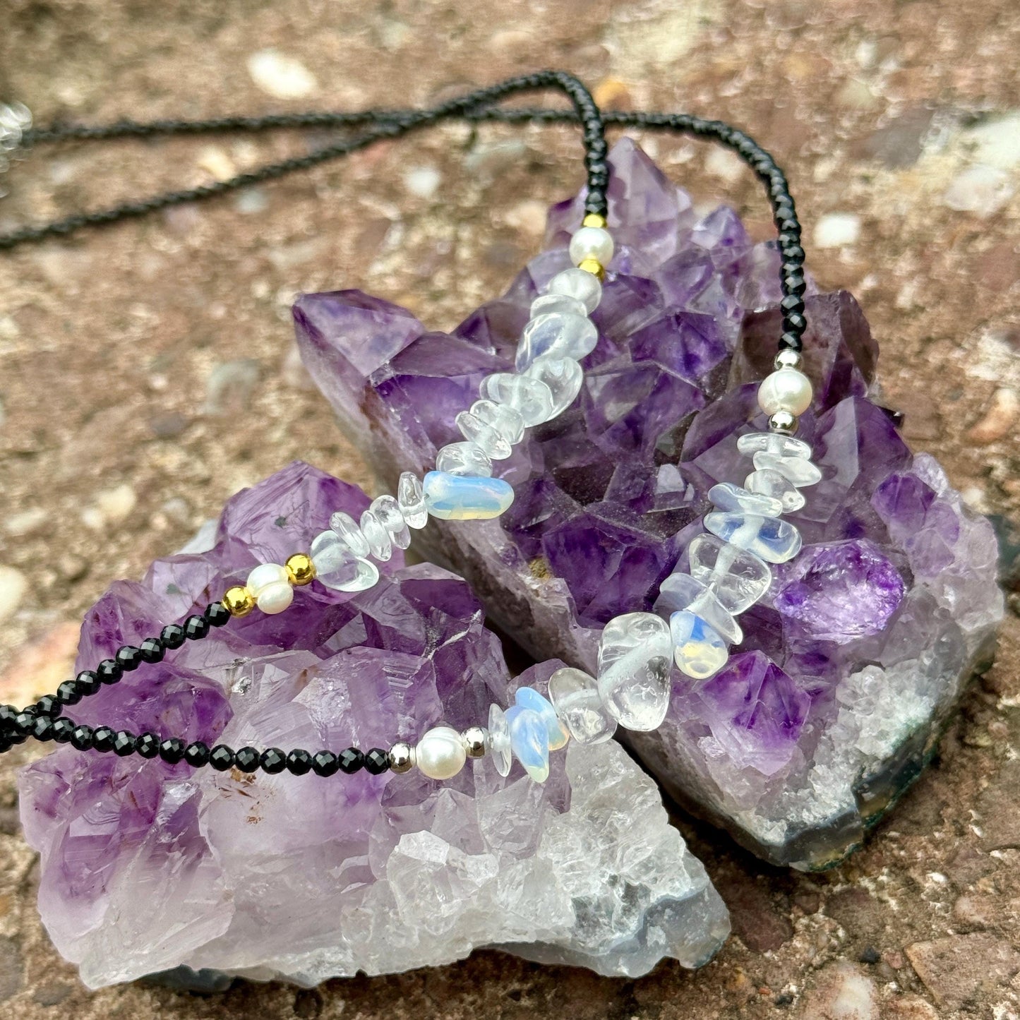 Black tourmaline and opalite choker pearl necklace