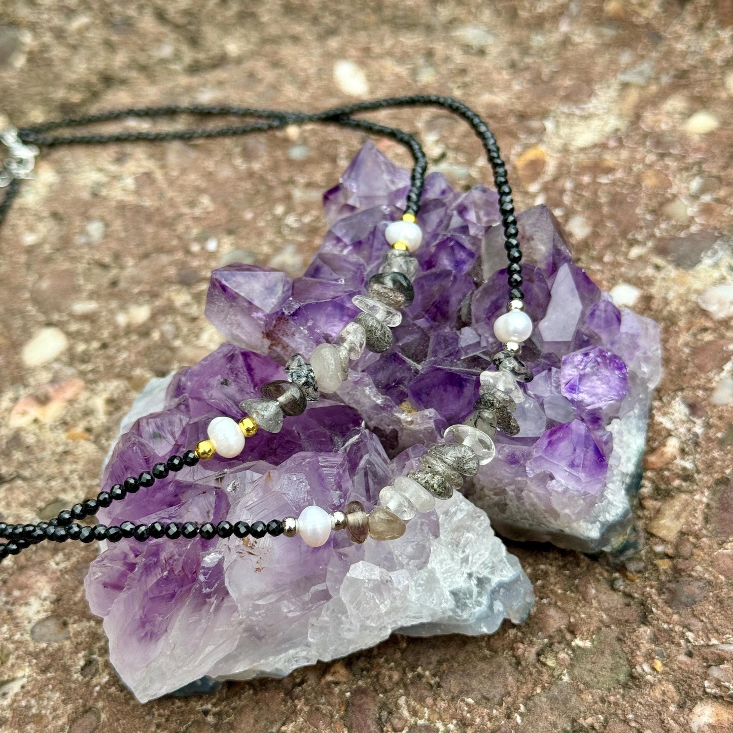 Black tourmaline and black rutilated quartz choker pearl necklace