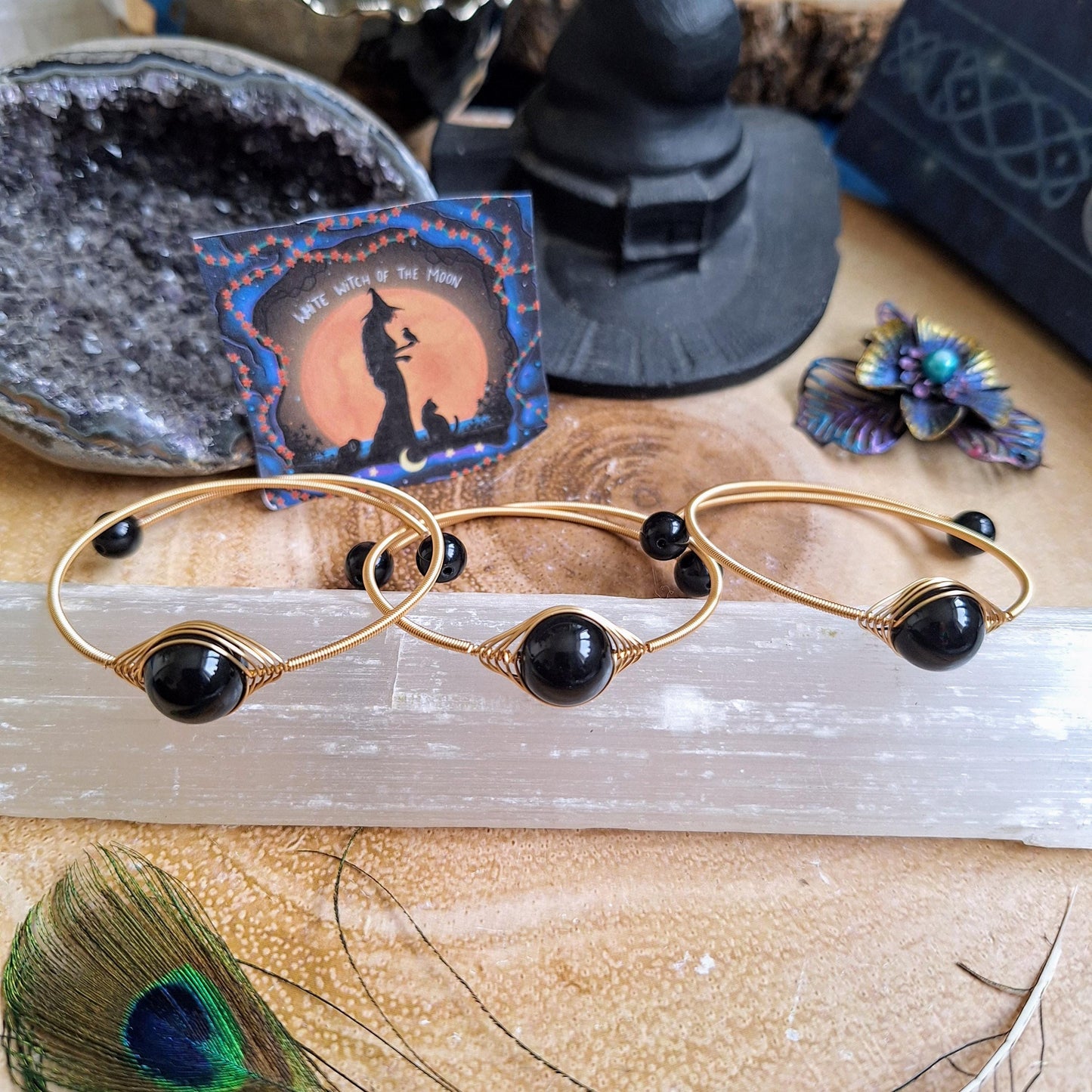 Black obsidian cuff bracelet minimalist crystal healing natural stone bangle gift for her jewellery for women root chakra jewelry