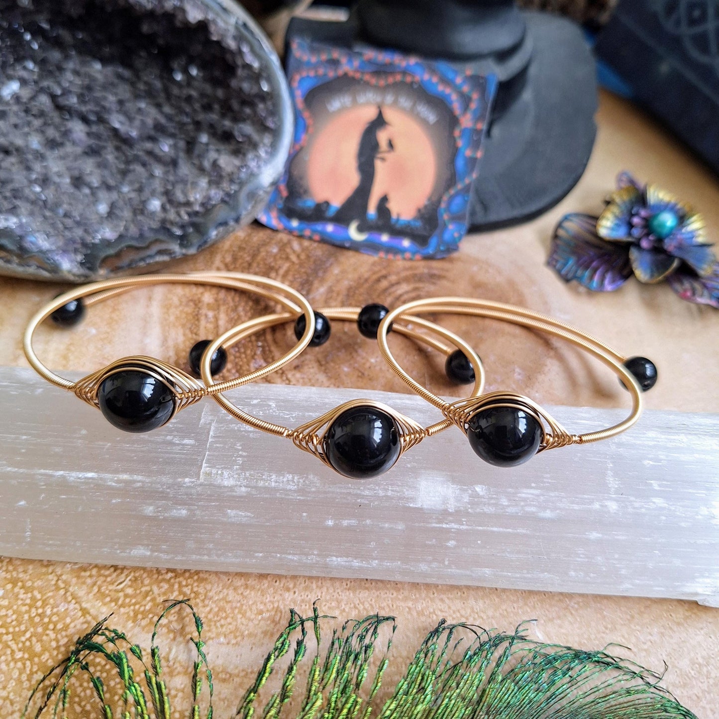 Black obsidian cuff bracelet minimalist crystal healing natural stone bangle gift for her jewellery for women root chakra jewelry