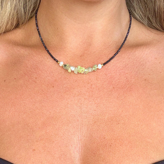Prehnite and black tourmaline choker pearl necklace