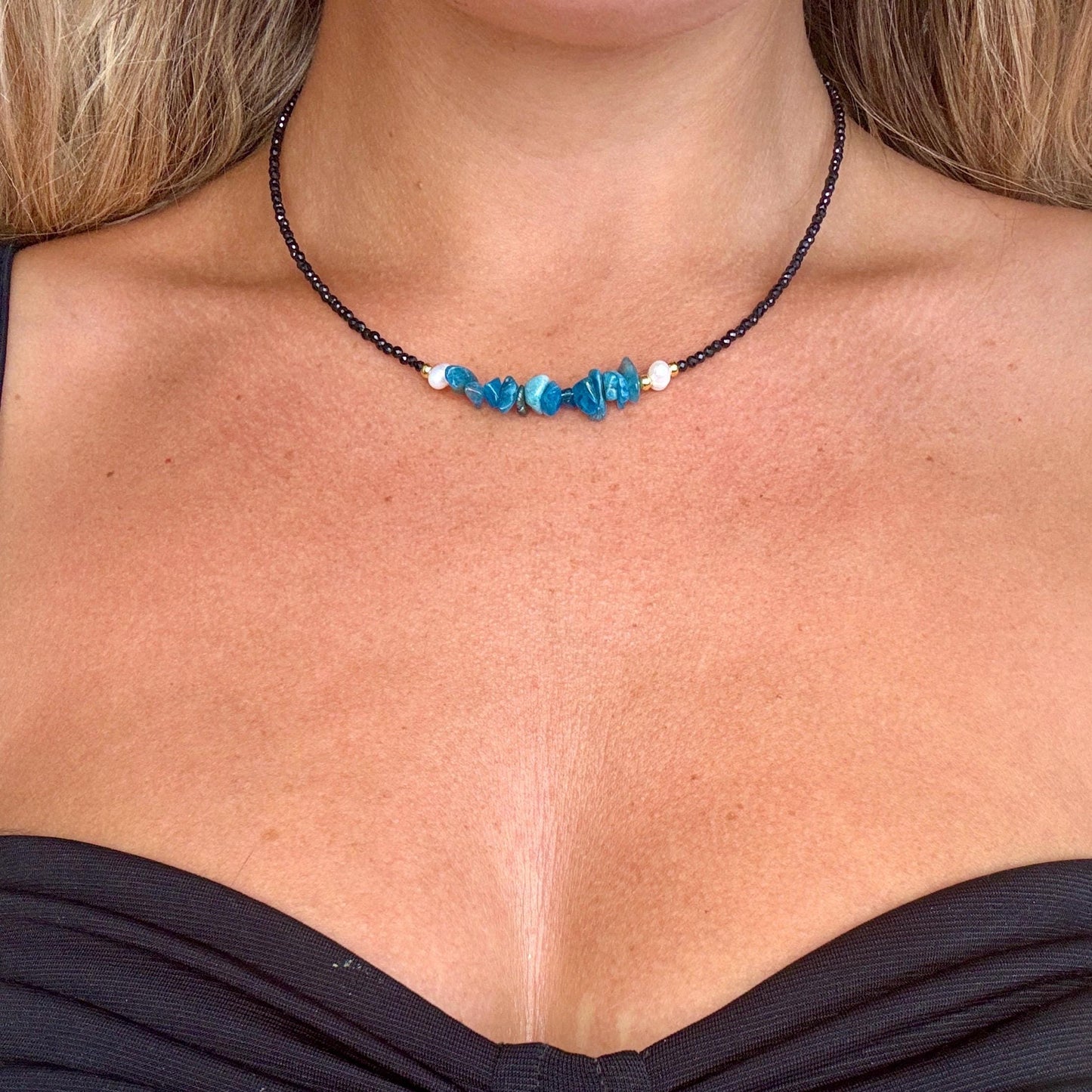 Apatite and black tourmaline choker pearl necklace minimalist crystal healing natural stone jewellery
