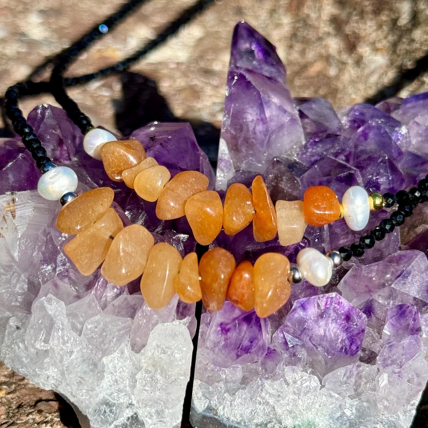 Red aventurine and black tourmaline choker pearl necklace