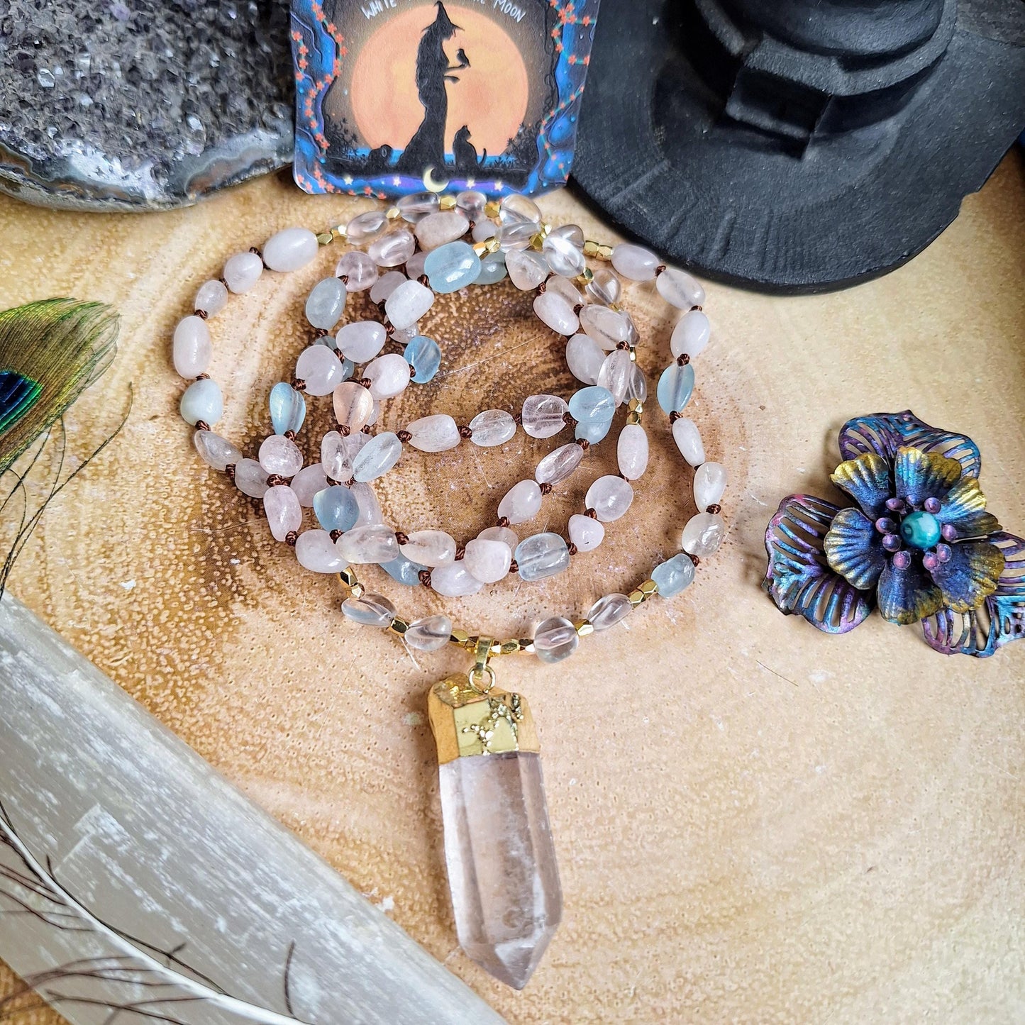 Kunzite aquamarine and morganite necklace Knotted with Raw Clear Quartz Point crystal healing mala gift for her jewellery for women