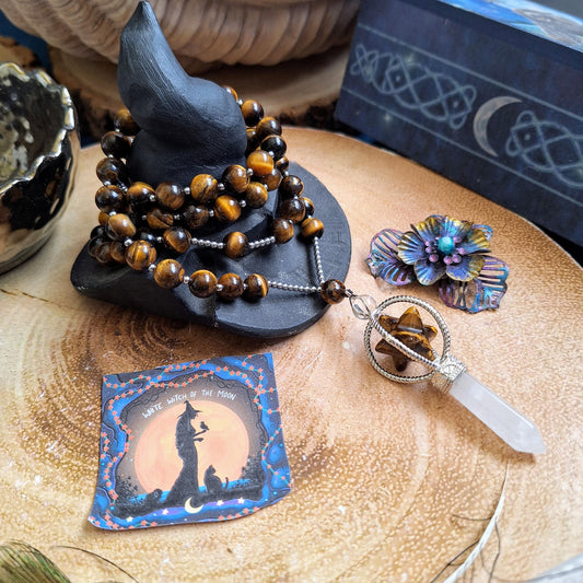 Tigers Eye necklace merkaba star and clear quartz point pendant crystal healing eitchy jewellery for women or men gift for him or her