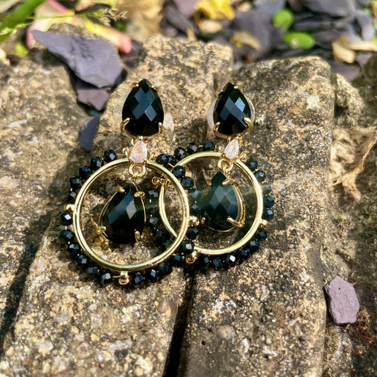 Black Obsidian Teardrop Hoop Earrings