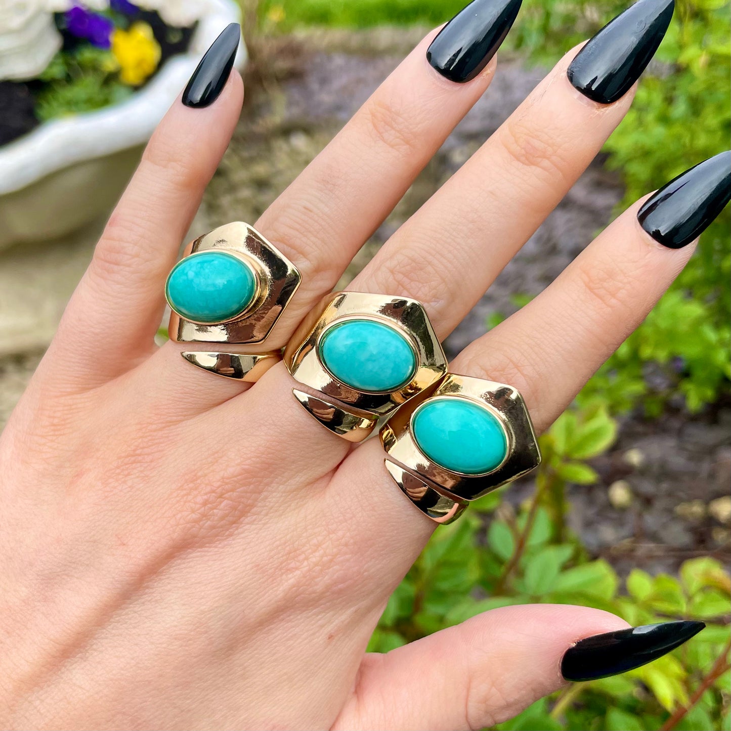 Amazonite Gold Cuff Style Adjustable Ring