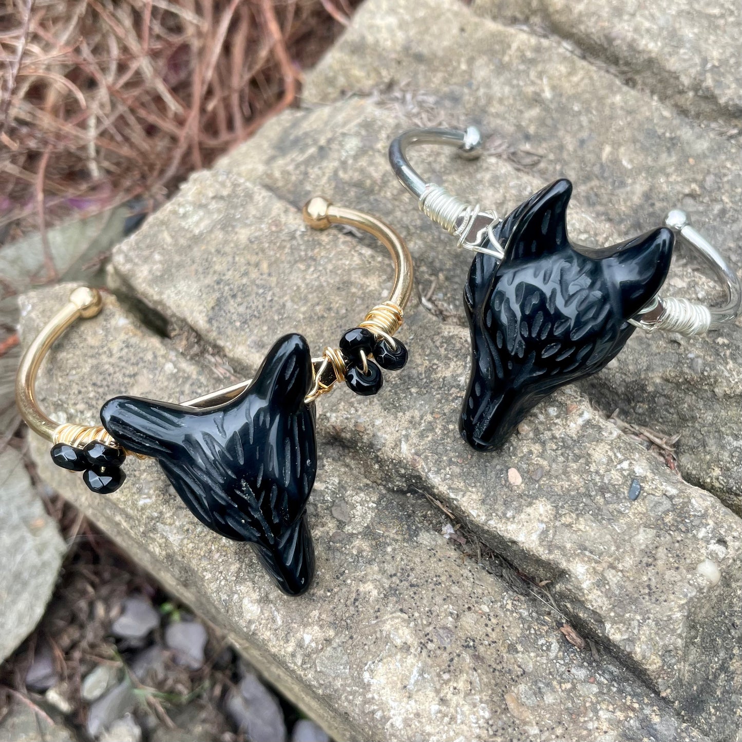 Black Obsidian Wolf Cuff Bangles
